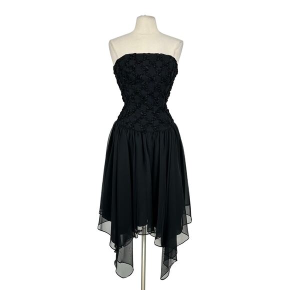 Vintage 80s Midnight Glo Strapless Corset Dress S Black Chiffon Prom Fairy Goth - Picture 1 of 13